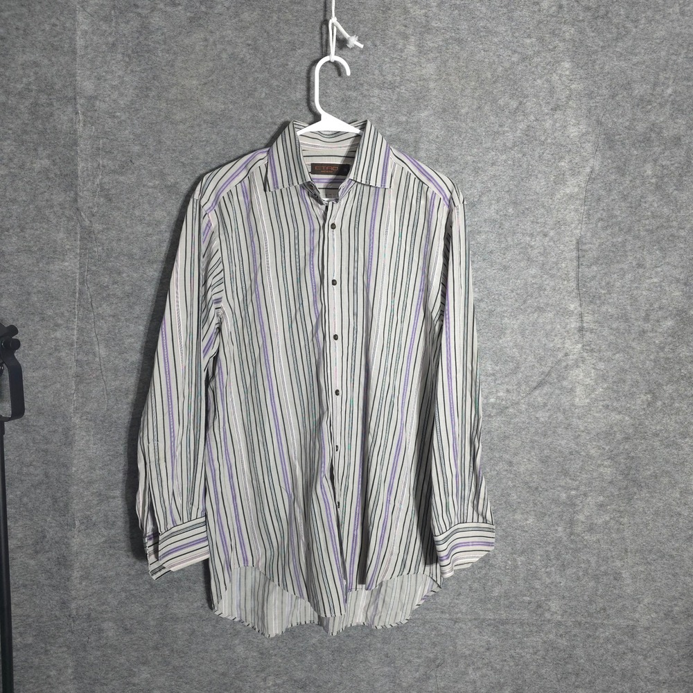 Etro Striped Shirt Mens 39 Grey Purple Italy Luxury Cotton Spread Collar 16084
